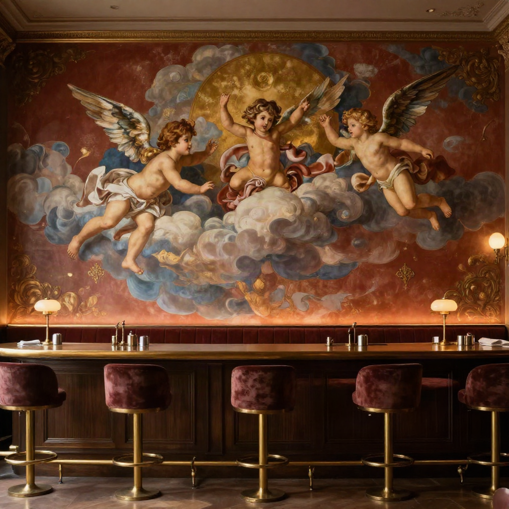 Elegant dim cocktail bar with a baroque angels fresco across the back wall