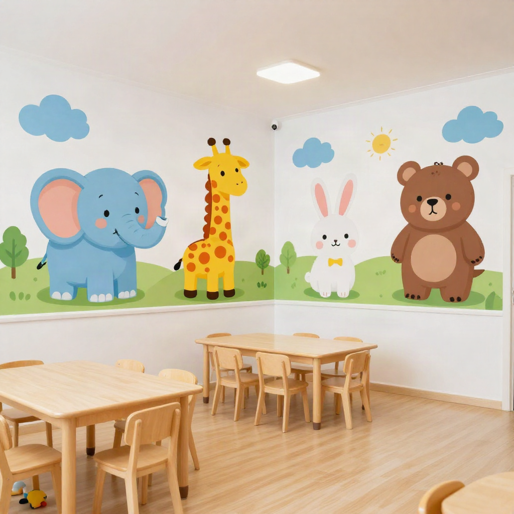 Bright kindergarten playroom with a cartoon animal mural across two walls